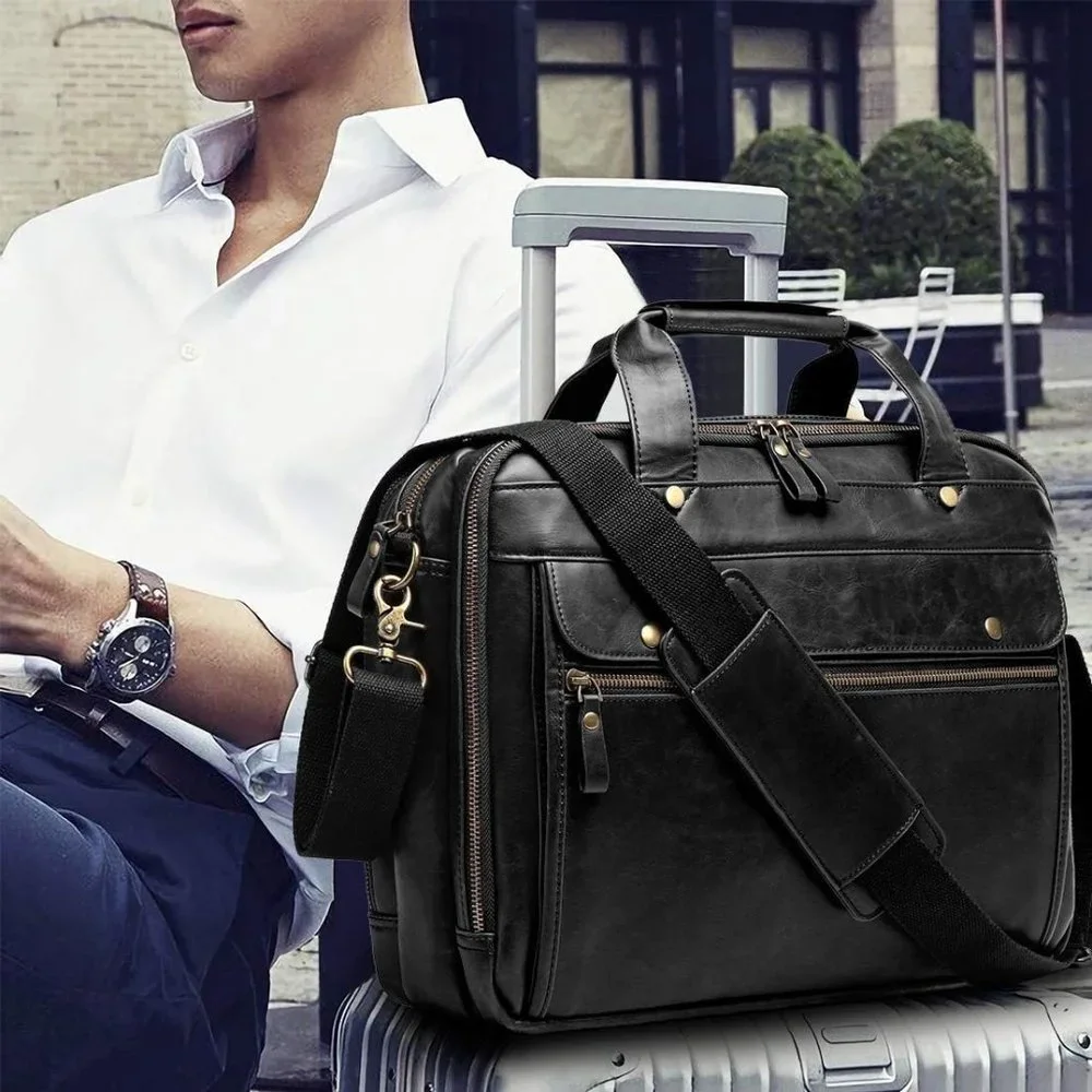 Men's Black Leather Waterproof laptop bag 15.6 Inch
